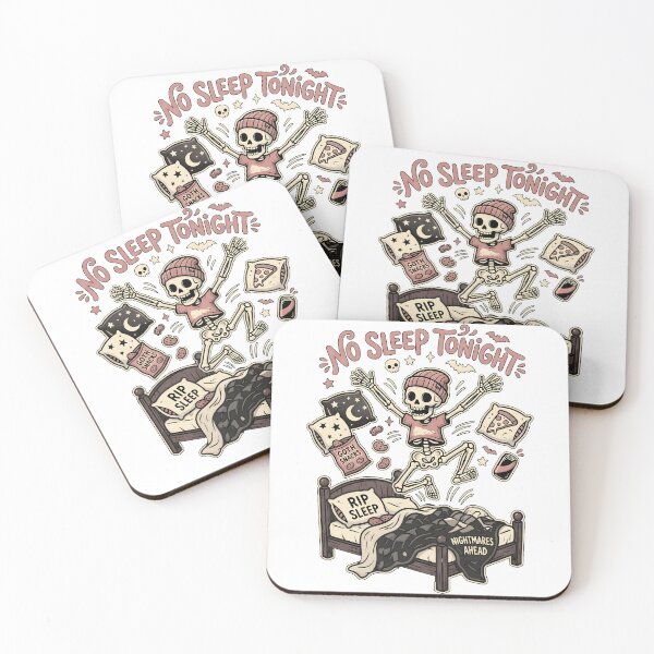 Item preview, Skeleton in Beanie Jumping on Bed Surrounded by Snacks and Sleep Items designed and sold by MisteryDesigner.