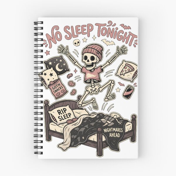 Item preview, Skeleton in Beanie Jumping on Bed Surrounded by Snacks and Sleep Items designed and sold by MisteryDesigner.