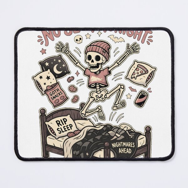 Item preview, Skeleton in Beanie Jumping on Bed Surrounded by Snacks and Sleep Items designed and sold by MisteryDesigner.