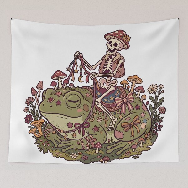 Item preview, Skeleton in Mushroom Hat Riding Giant Decorated Frog Through Mushroom Forest designed and sold by MisteryDesigner.