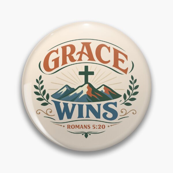 Item preview, Grace Wins Christian Cross Mountain Badge | Romans 5:20 Scripture Verse designed and sold by stylishdzign.