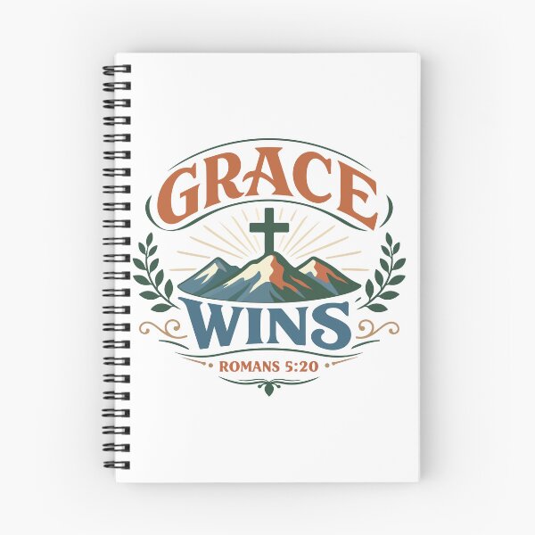 Item preview, Grace Wins Christian Cross Mountain Badge | Romans 5:20 Scripture Verse designed and sold by stylishdzign.