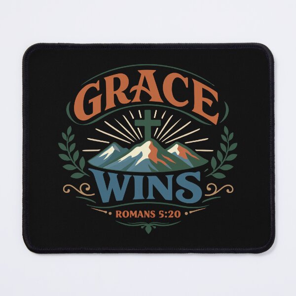 Item preview, Grace Wins Christian Cross Mountain Badge | Romans 5:20 Scripture Verse designed and sold by stylishdzign.