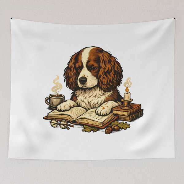 Item preview, A spaniel reading in a cozy library. designed and sold by Daily Quirk.