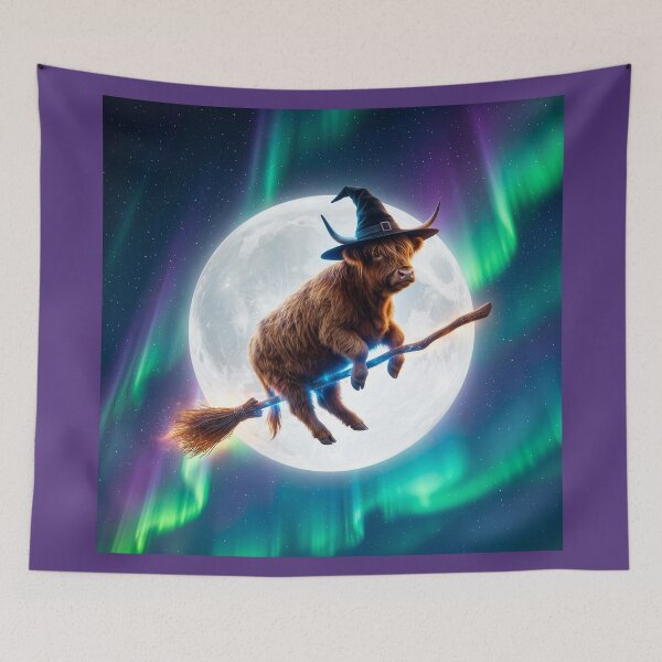 Item preview, Highland Cow Rides Her Broom in the Moonlight designed and sold by Tridentulus.