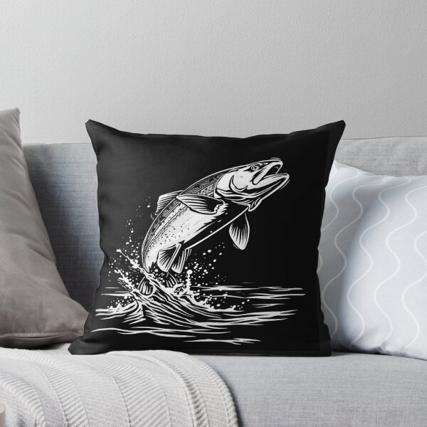 Item preview, Jumping Salmon Black and White Fishing Art designed and sold by inkoutninja.