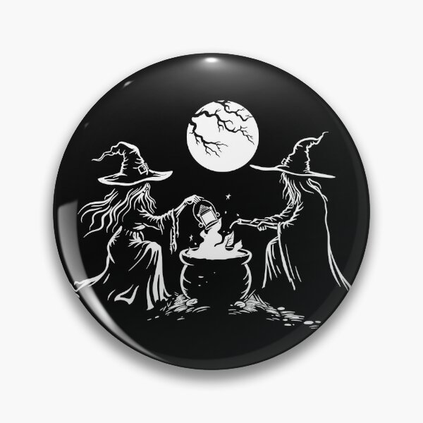 Item preview, Two Witches Brewing a Potion Black and White Halloween Art designed and sold by inkoutninja.