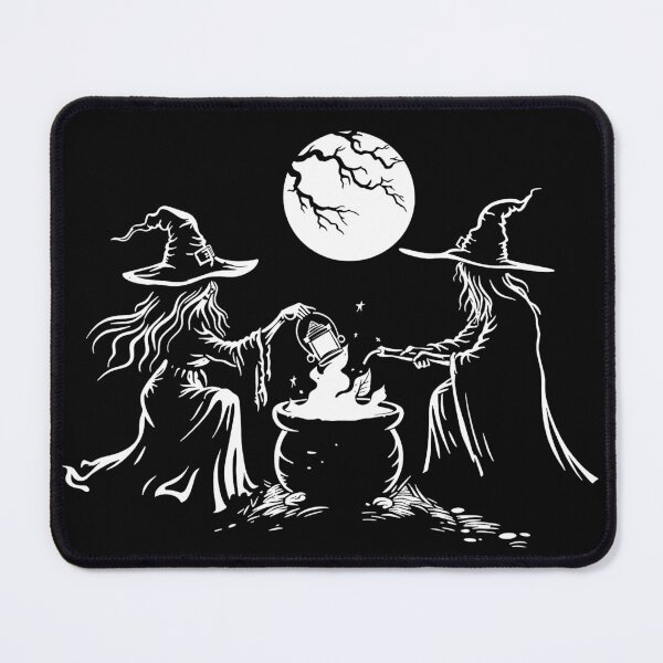 Item preview, Two Witches Brewing a Potion Black and White Halloween Art designed and sold by inkoutninja.