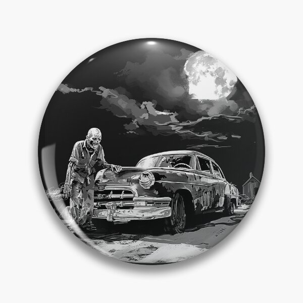 Item preview, Zombie Beside Vintage Car Under Full Moon Black and White Horror Art designed and sold by inkoutninja.
