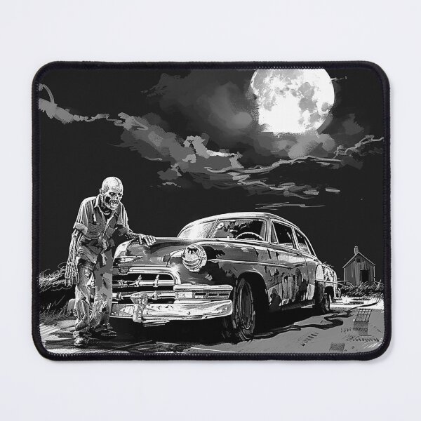 Item preview, Zombie Beside Vintage Car Under Full Moon Black and White Horror Art designed and sold by inkoutninja.