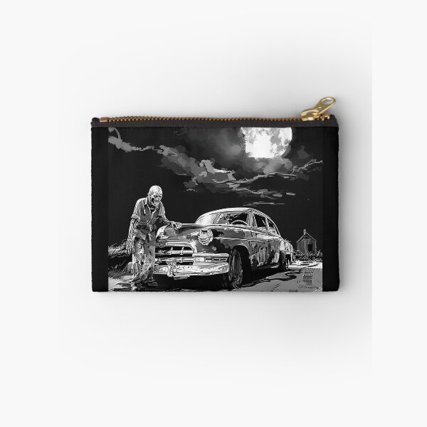 Item preview, Zombie Beside Vintage Car Under Full Moon Black and White Horror Art designed and sold by inkoutninja.
