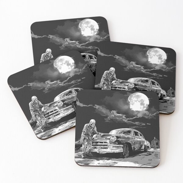 Item preview, Zombie Beside Vintage Car Under Full Moon Black and White Horror Art designed and sold by inkoutninja.