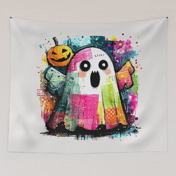 Item preview, Colorful Patchwork Ghost and Pumpkin Halloween Art designed and sold by colorful-white.