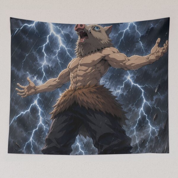 Item preview, Inosuke Hashibira Demon Slayer Thunderstorm Mountain Power Pose designed and sold by mildaclairmo.