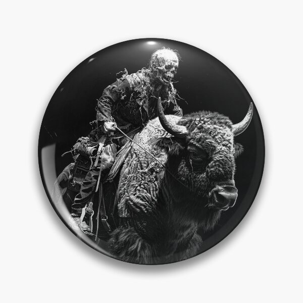 Item preview, Skeleton Cowboy Riding a Bison Black and White Western Gothic Art designed and sold by inkoutninja.