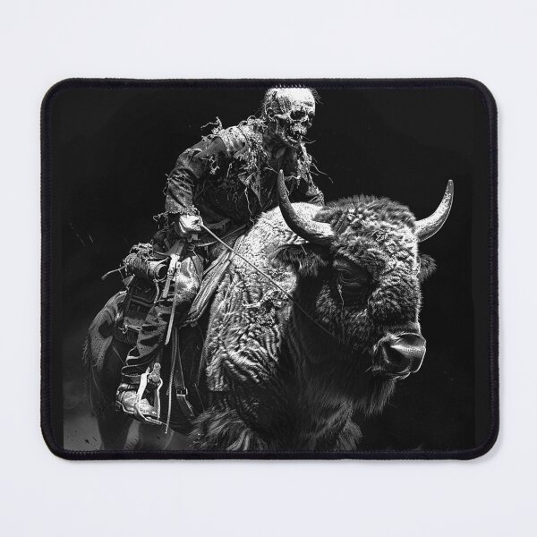 Item preview, Skeleton Cowboy Riding a Bison Black and White Western Gothic Art designed and sold by inkoutninja.