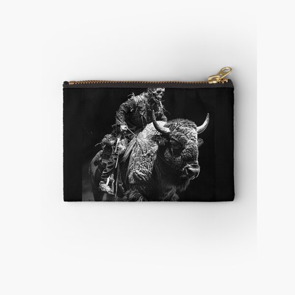 Item preview, Skeleton Cowboy Riding a Bison Black and White Western Gothic Art designed and sold by inkoutninja.