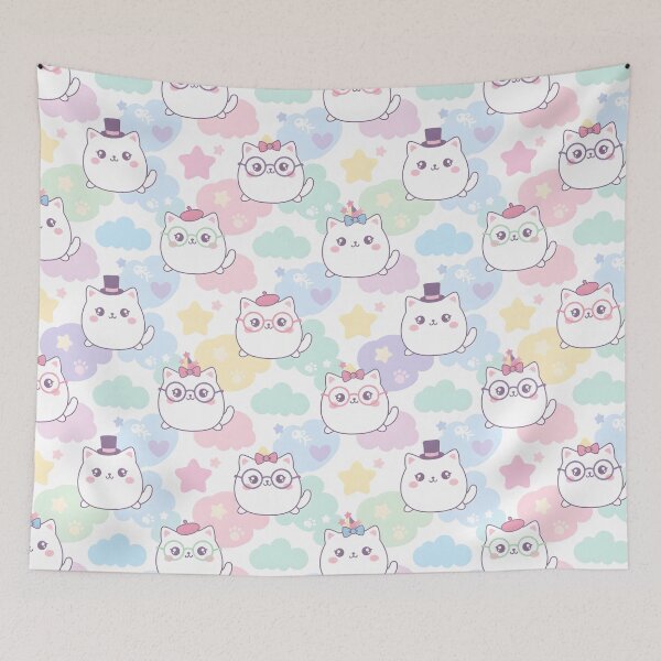 Item preview, Cute Pastel Kawaii Cats with Accessories Throw Blanket | Rainbow Pattern designed and sold by FestivityFinds.