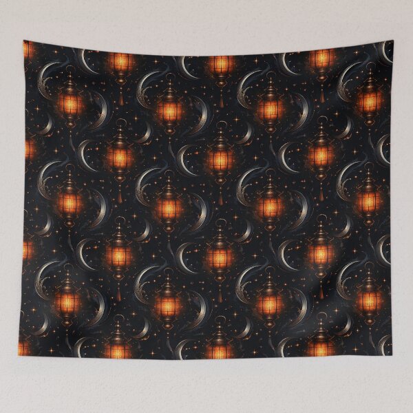 Item preview, Gothic Celestial Glowing Lanterns and Crescent Moons Tapestry designed and sold by FestivityFinds.