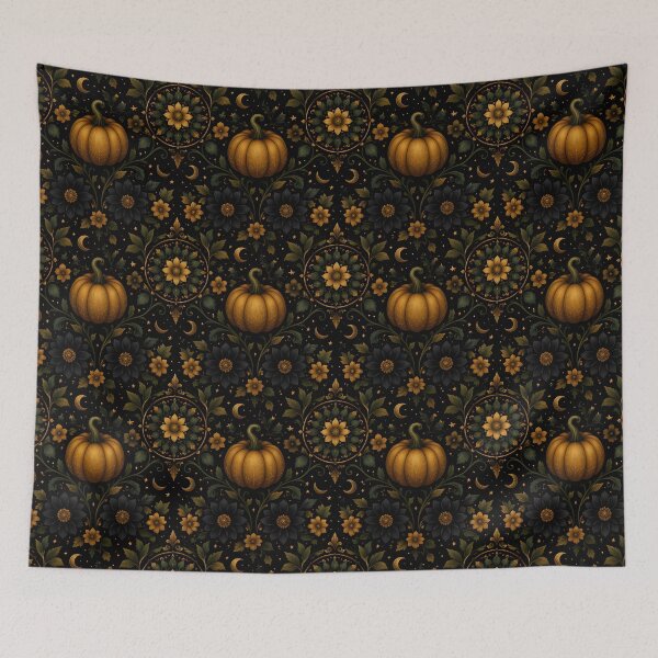 Item preview, Gothic Autumn Pumpkin and Celestial Floral Pattern Tapestry designed and sold by FestivityFinds.