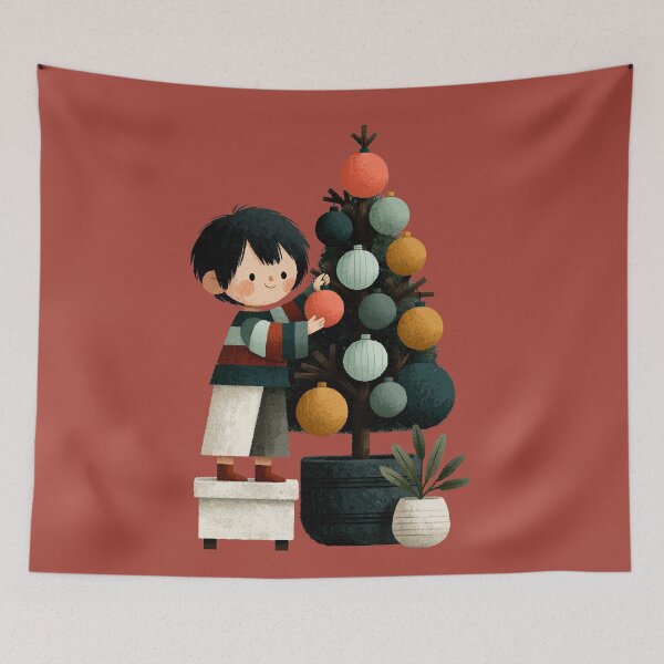 Item preview, Cute Boy Decorating Christmas Tree Illustration designed and sold by colorful-white.