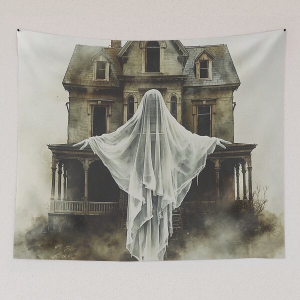 Item preview, White lady in front of haunted house designed and sold by Art70shop.