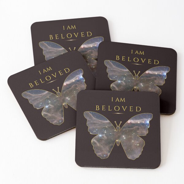 Item preview, I Am Beloved Cosmic Butterfly Christian Faith Loved By God Scripture Nebula Gold Halo Art Song of Solomon 2 16 designed and sold by KittenAndCo.