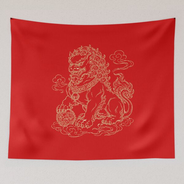 Item preview, Chinese Guardian Lion Gold Line Art Foo Dog designed and sold by Soluna Studio.