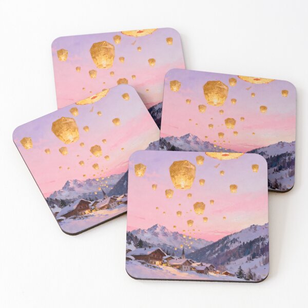 Item preview, Floating Golden Lanterns Over Snowy Mountain Village Painting designed and sold by Fantasy-Atelier.