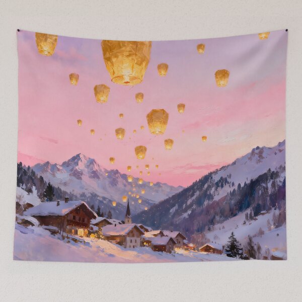 Item preview, Floating Golden Lanterns Over Snowy Mountain Village Painting designed and sold by Fantasy-Atelier.