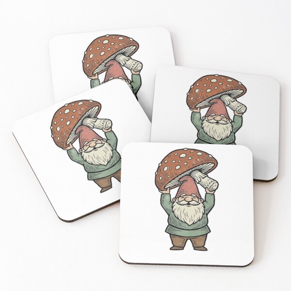 Item preview, Proud Garden Gnome Lifting Giant Toadstool Mushroom Trophy Woodblock Linocut Folk Art Illustration designed and sold by OnPointOutfits.
