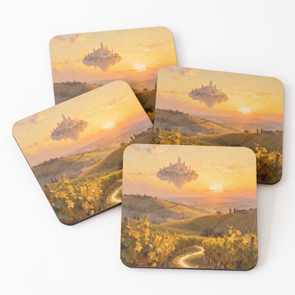 Item preview, Golden Vineyard Sunset with Floating Fantasy Castle Oil Painting designed and sold by Fantasy-Atelier.