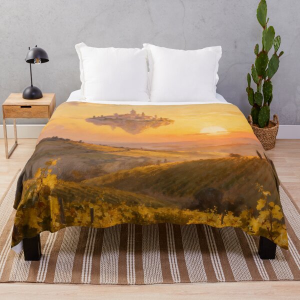 Item preview, Golden Vineyard Sunset with Floating Fantasy Castle Oil Painting designed and sold by Fantasy-Atelier.