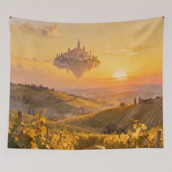 Item preview, Golden Vineyard Sunset with Floating Fantasy Castle Oil Painting designed and sold by Fantasy-Atelier.