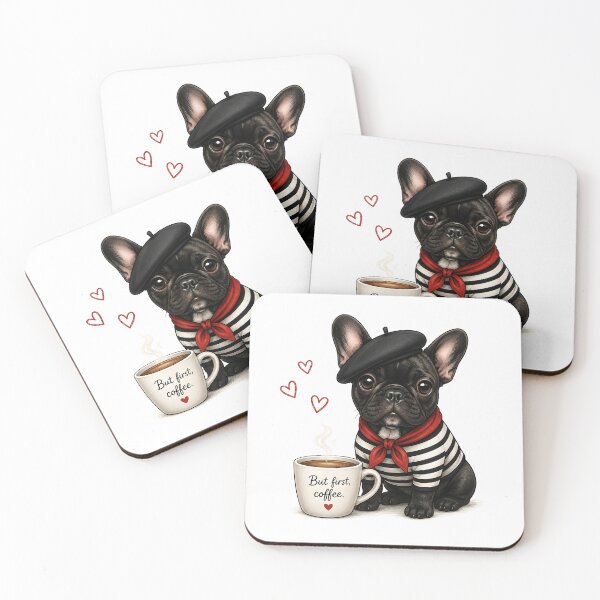 Item preview, French Bulldog with coffee and hearts designed and sold by LinaDesign Store.