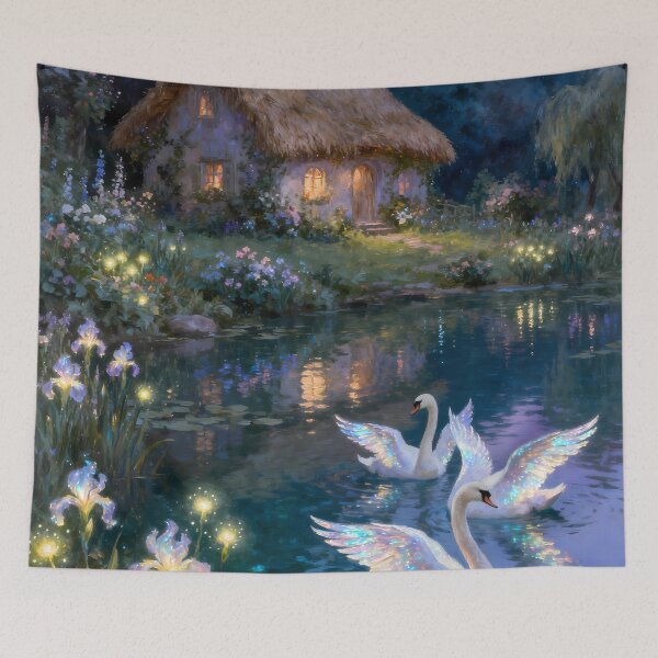 Item preview, Enchanted Cottage Lake with Glowing Swans and Fairies Oil Painting designed and sold by Fantasy-Atelier.