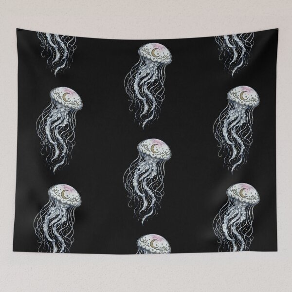 Item preview, Celestial Jellyfish with Crescent Moon and Stars Victorian Occult Style Midnight Blue Gold Illustration designed and sold by OnPointOutfits.