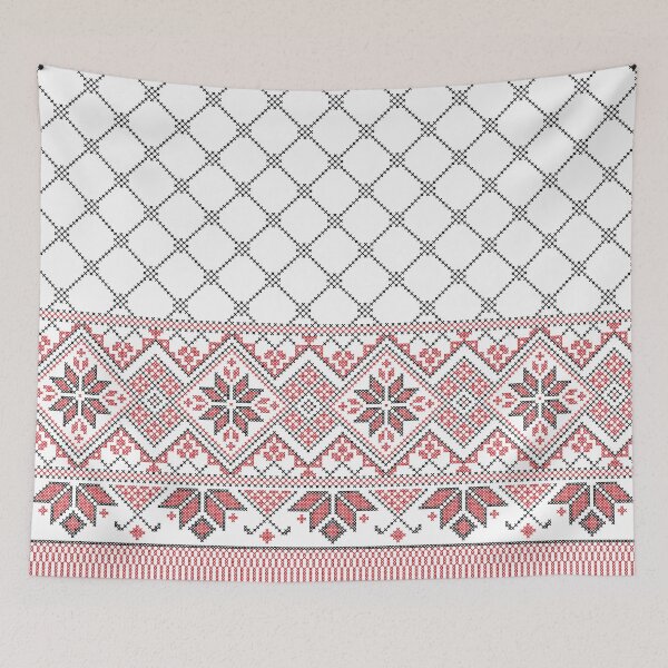 Item preview, Tatreez art Palestine Traditional Embroidery Pattern -Red Black on White designed and sold by Hurriyyatee.