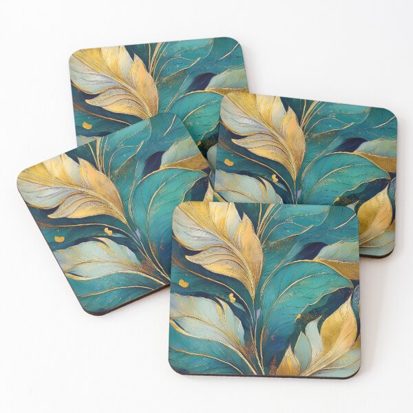 Item preview, Golden Tropical Leaves , Abstract Botanical Wall Art in Teal & Gold designed and sold by alcame-photo.