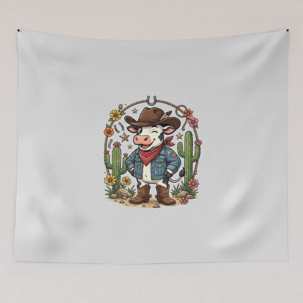 Item preview, Cute Cowboy Cow Western Cartoon Cactus Floral Retro Country Farm T-Shirt Design designed and sold by Bhaskar Digital Art.
