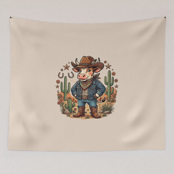 Item preview, Cute Cowboy Cow Western Cartoon Cactus Floral Retro Country Farm Design designed and sold by Bhaskar Digital Art.