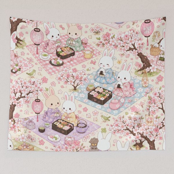 Item preview, Kawaii Rabbit Sakura Picnic Seamless Pattern | Japanese Cherry Blossom Wrapping Paper & Scrapbook Design designed and sold by kawaii animal store (in Japan).