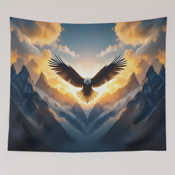 Item preview, Bald Eagle Sunrise Symmetry Over Mountain Peaks designed and sold by DreamyWallVibes.