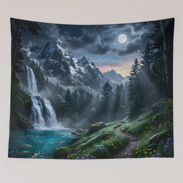 Item preview, Moonlit Alpine Waterfall Dreamscape designed and sold by hutofdesigns.