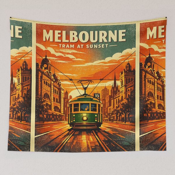 Item preview, Melbourne Tram at Sunset Vintage Travel Poster | Retro Australia Heritage City Street Art designed and sold by Globalcitytees.