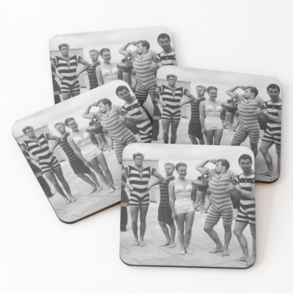 Item preview, Funny Boys flexing muscles at the Beach vintage black and white swimsuit photograph art print designed and sold by Astrid Arkhangelsky.