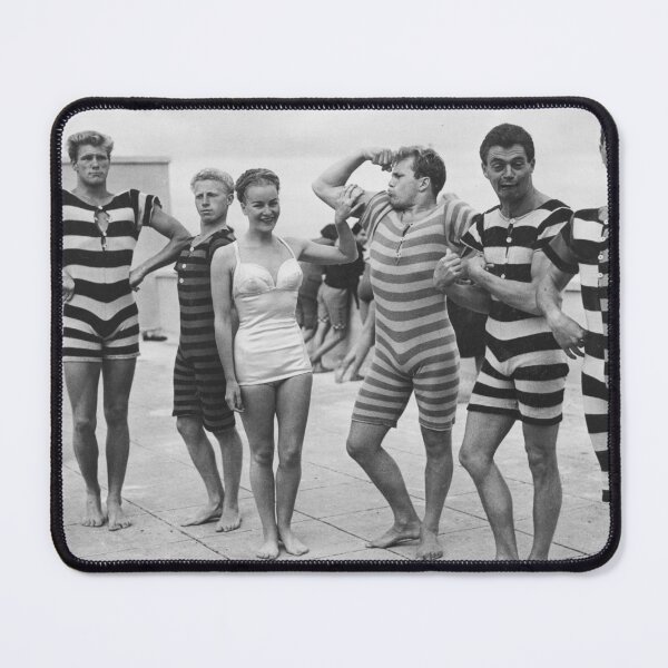 Item preview, Funny Boys flexing muscles at the Beach vintage black and white swimsuit photograph art print designed and sold by Astrid Arkhangelsky.