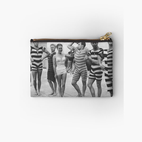 Item preview, Funny Boys flexing muscles at the Beach vintage black and white swimsuit photograph art print designed and sold by Astrid Arkhangelsky.