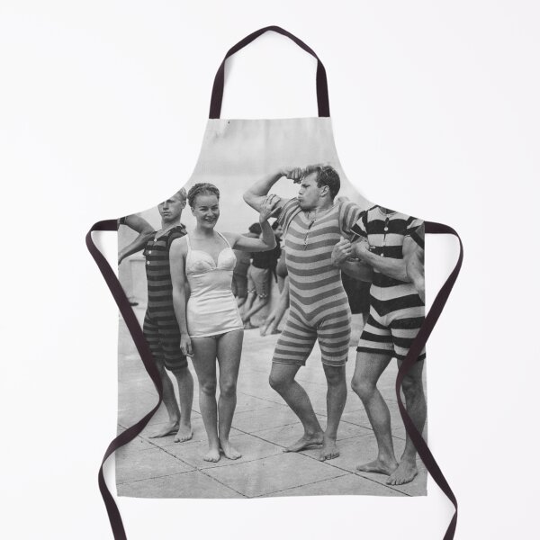Item preview, Funny Boys flexing muscles at the Beach vintage black and white swimsuit photograph art print designed and sold by Astrid Arkhangelsky.