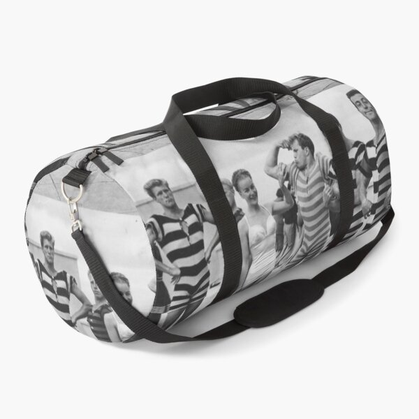 Item preview, Funny Boys flexing muscles at the Beach vintage black and white swimsuit photograph art print designed and sold by Astrid Arkhangelsky.